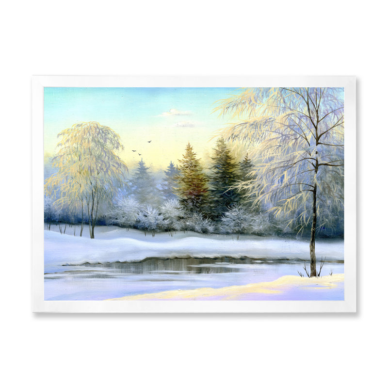 «Beautiful Winter River Landscape Pendant Sunset», art mural sur toile, H 16 po x l 32 po, Cadre photo blanc