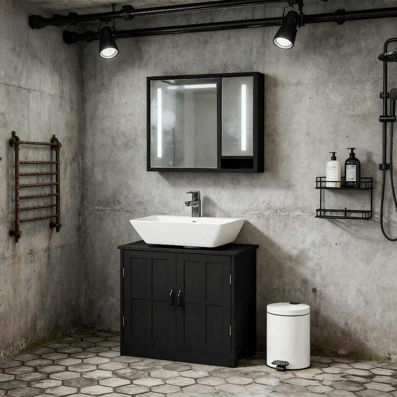 Meuble-lavabo de salle de bain, meuble-lavabo sur pied avec tablette ajustable, noir (meuble seulement, sans lavabo), Noir