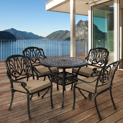 Ensemble de salle à manger d'extérieur en fonte 5 pièces, ensemble de salle à manger toutes saisons pour patio, jardin, cour arrière et balcon (table ronde de 35,4 po + 4 chaises Elizabeth)