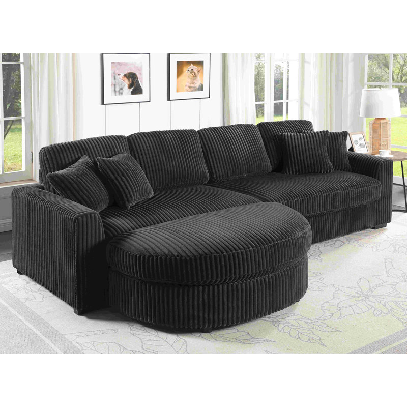 111'' Corduroy Sofa With Movable Semicircle Ottoman, Dark Gray
