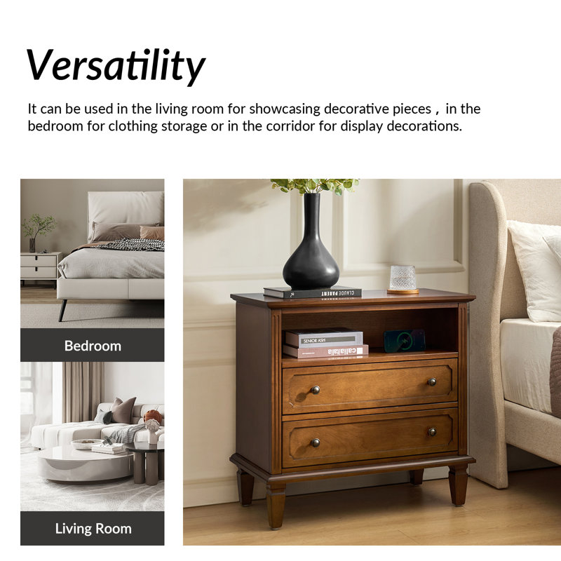 Amberlyn 27.2'' H Traditional2-Drawer Nightstand with Built-In Outlets and Solid Wood Legs and Open Shelve