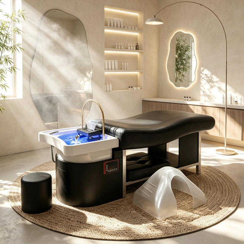  Lit de shampooing pour spa avec circulation de vapeur et d'eau, luminothérapie 7 couleurs, table de massage en mousse à mémoire de forme avec bol à shampooing, équipement de spa tout-en-un et lit pour le visage