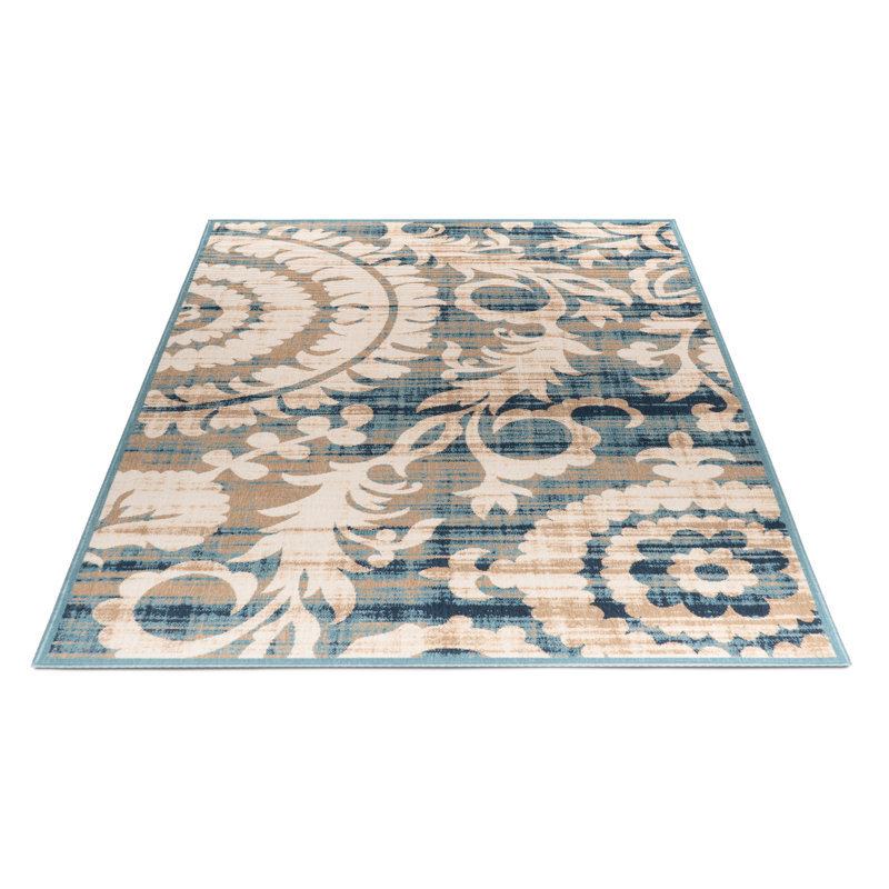 Tapis d'intérieur / extérieur à motif floral beige / bleu / brun clair Amont, Rectangle 5 pi 3 po x 7 pi 7 po