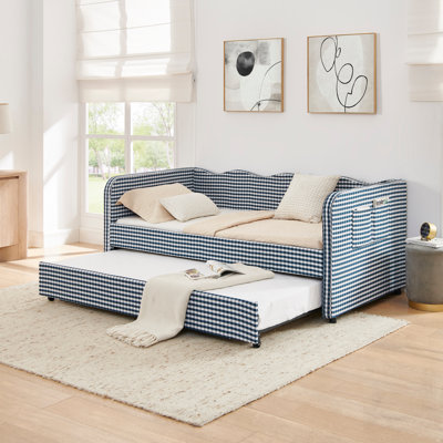 Lit de jour, canapé-lit convertible polyvalent 3 en 1 Gingham avec couchette coulissante et poches de rangement latérales, idéal pour les espaces multiples