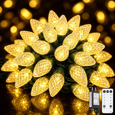 Guirlande lumineuse de Noël extérieure à DEL C9, 35 m (114 pi), 150 DEL blanc chaud, à brancher, avec minuterie et télécommande, 8 modes d'éclairage, étanche et extensible, idéale pour décorer l'intérieur, la toiture, le jardin ou le porche.