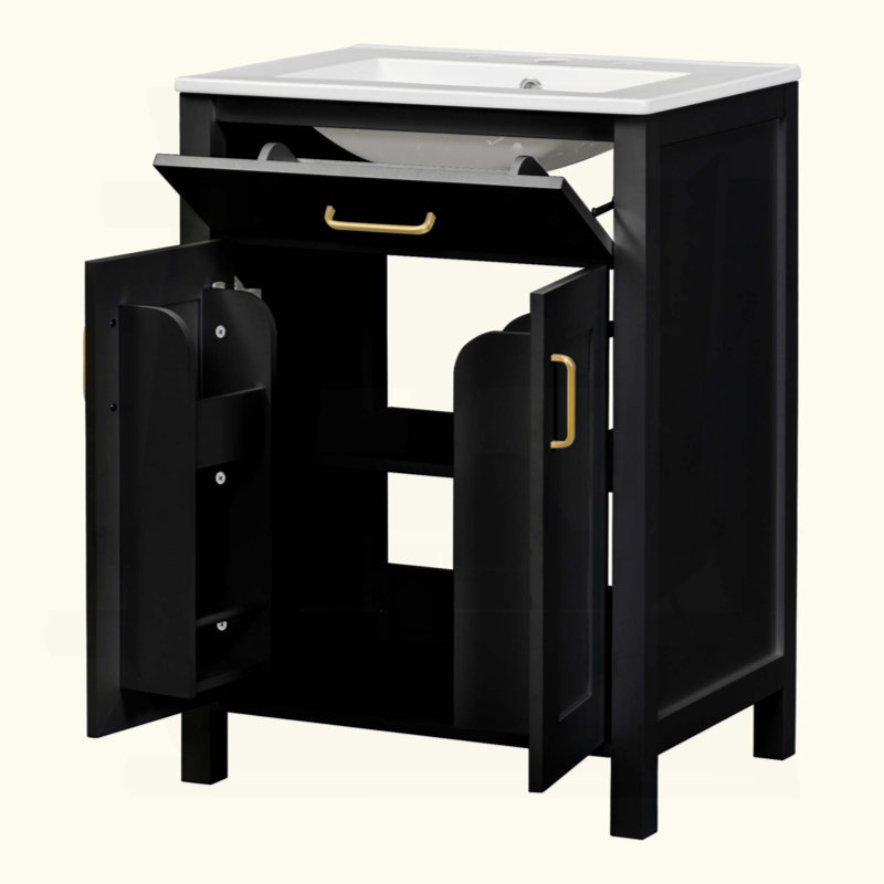 Modern Bathroom Vanity With Ceramic Sink,  Doors, Flip Drawer, Double-Layer Door Shelves, Elegant Storage Solution, Black