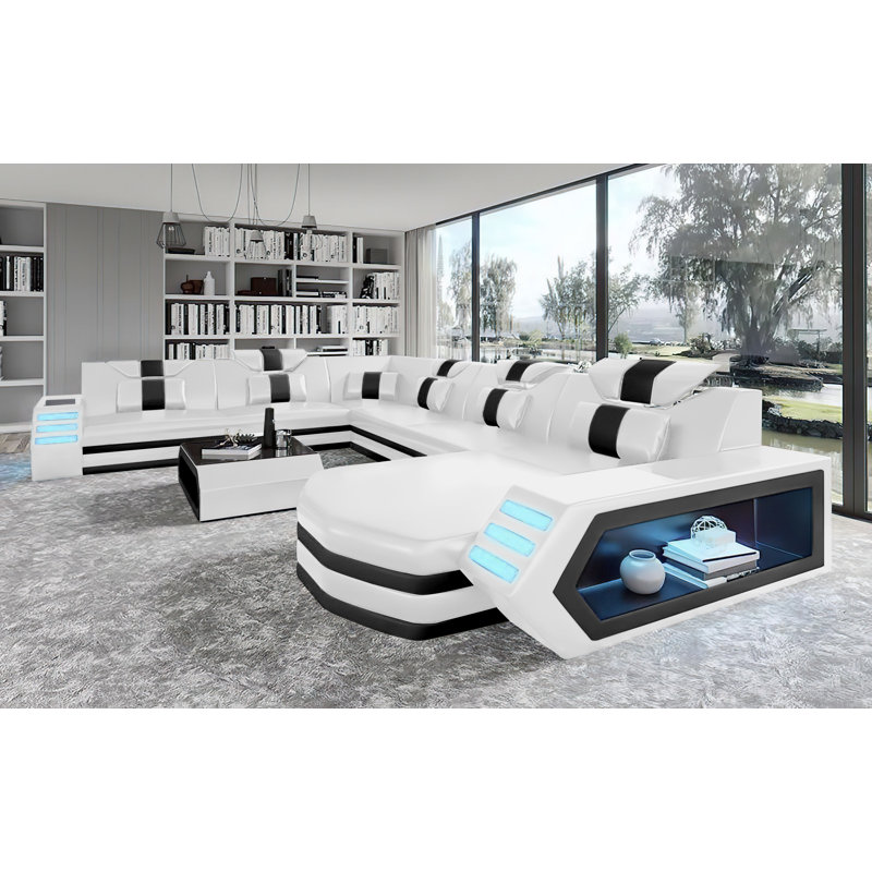 Canapé modulaire de coin de 150 po de largeur Loberta, Blanc / cuir noir, Orienté vers la gauche