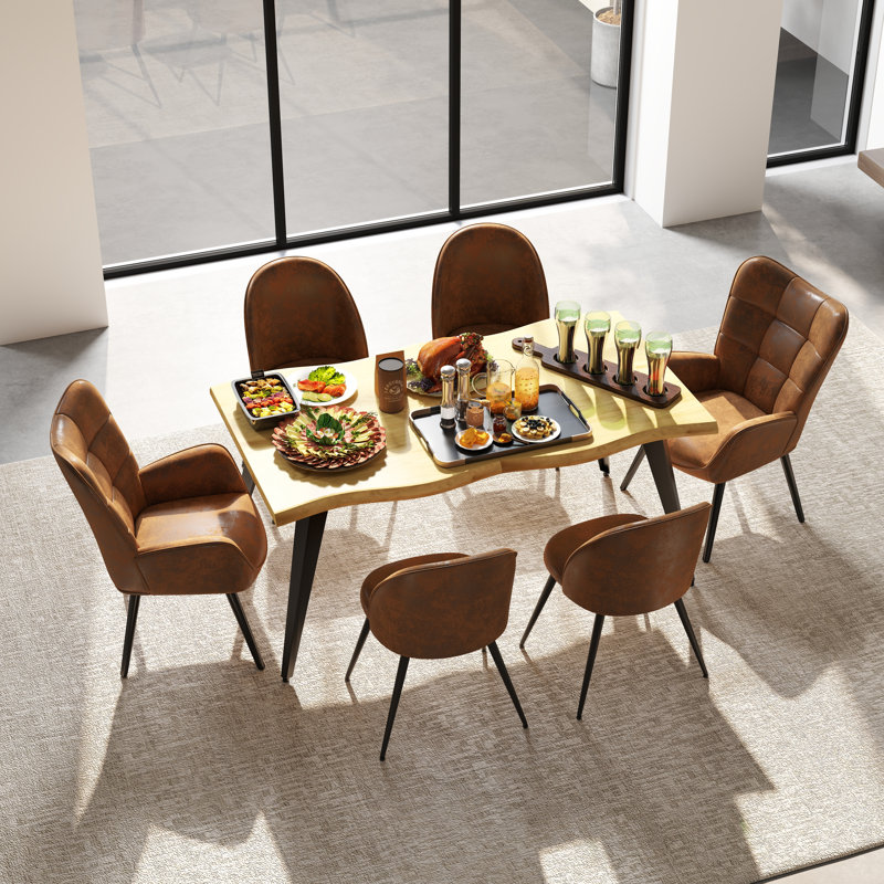 Shivani Elegant 7-Piece Dining Table Set for 6, 63" Live Edge Dining Table with Upholstered Chairs for Kitchen Dining Room
