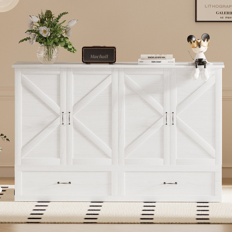 Lit armoire escamotable avec tiroir - Bois massif, 662 lb, matelas inclus