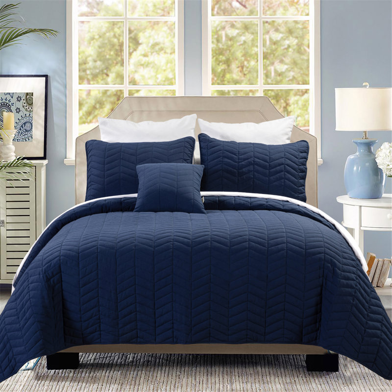 Ensemble de courtepointe en microfibre 4 pièces Nina, Bleu, Courtepointe double / grand et 2 taies décorative