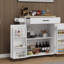 Chariot à roulettes pour îlot de cuisine avec 1 tiroir et 2 portes avec supports de rangement, tablettes réglables, porte-serviettes et plateau en bois d'hévéa, blanc-706906212