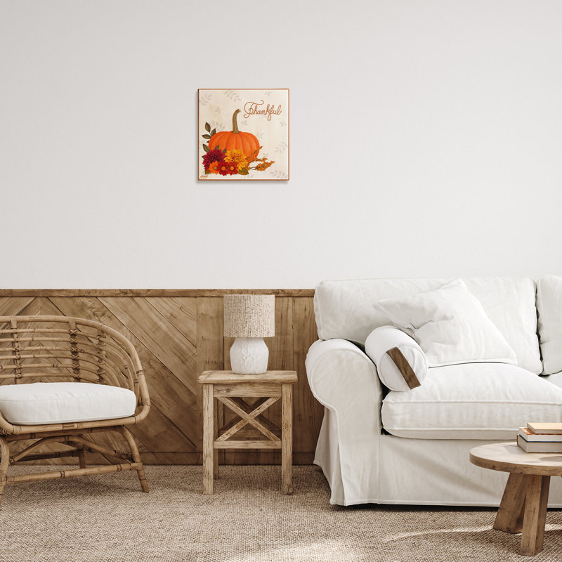 «Thankful Pumpkin & Florals», art mural sur toile par Mardell Schuster, H 17 po x l 17 po