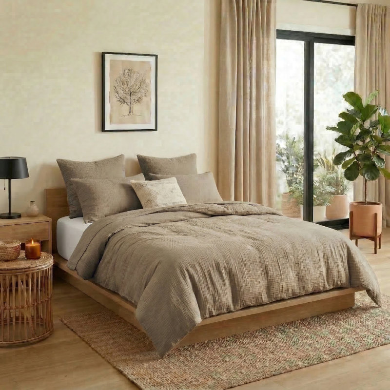 Ensemble de draps 4 pièces en mousseline de coton blanc et beige, Ensemble de draps pour grand lit + 3 pièces suppl