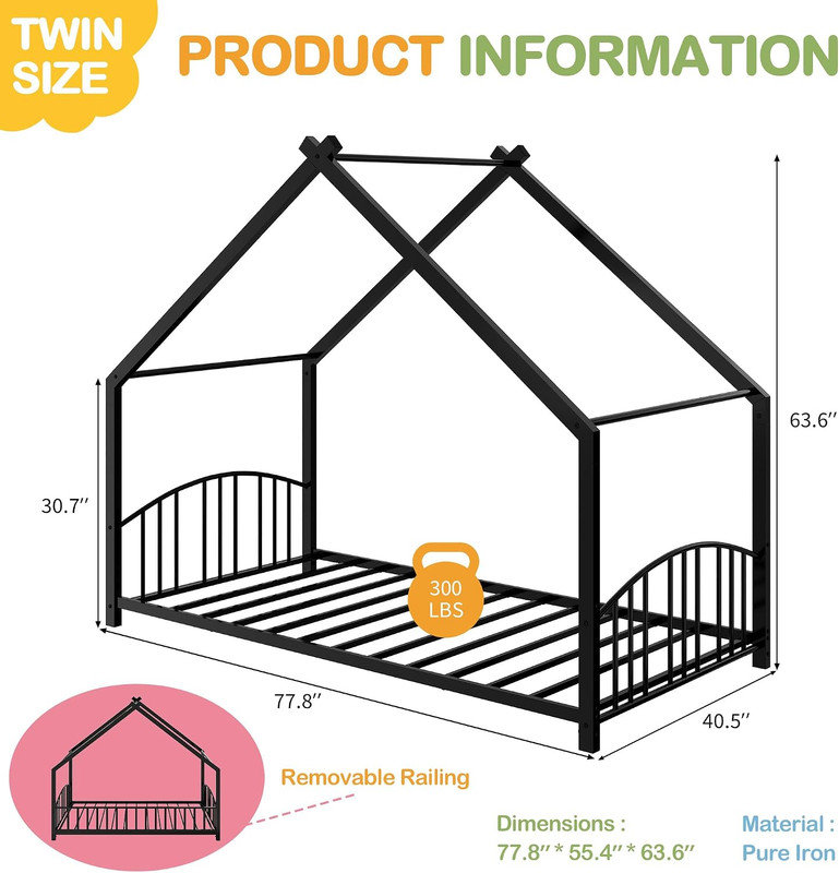 Lit d'enfant en forme de maison avec barrières de sécurité sur toute la longueur, lit de sol bas et robuste en fer pour tout-petits, prêt à recevoir un ciel de lit à monter soi-même