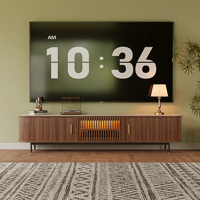 Mid-Century Modern Tambour Door TV Stand With LED Lights, Fully Assembled, 21.25"H x 94"L x 15.75"W, Brown