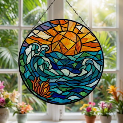 7.8"H Sun Wave Stained Glass Window Panel