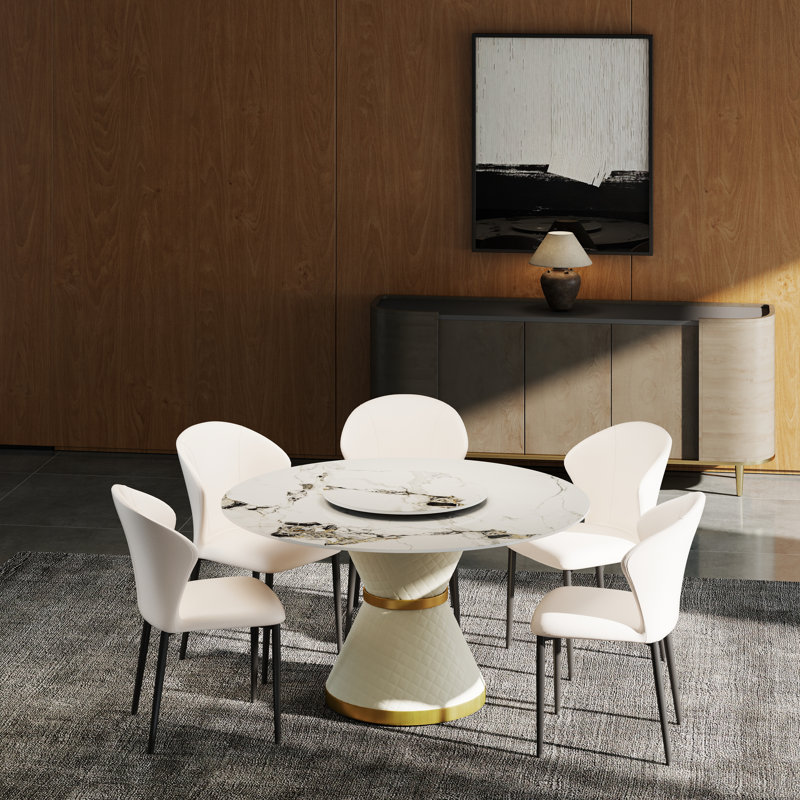 Patsy Round Dining Table with Rotating Tray, 29.5" H x 53" W x 53" L, Patek White