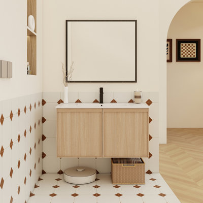 Meuble-lavabo flottant avec lavabo, armoire moderne murale, lavabo à bord mince en céramique, portes à fermeture en douceur, rangement spacieux, installation facile