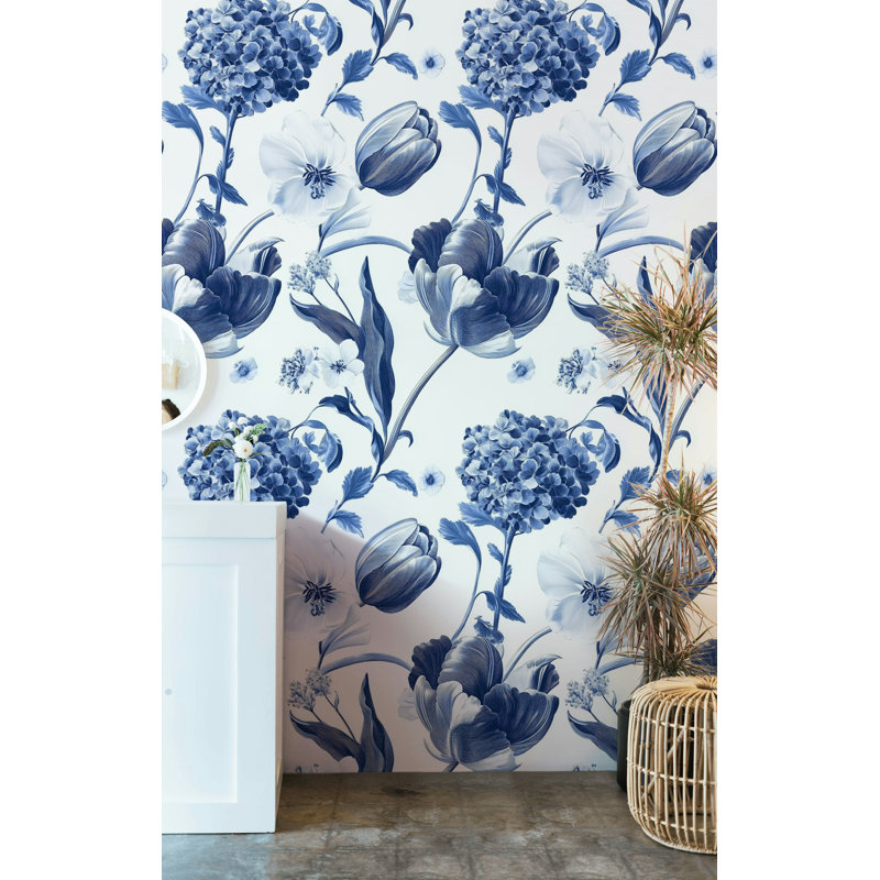 Gurkirat Delft Blue Floral Wallpaper Timeless Elegance Modern Interiors Peel and Stick Roll