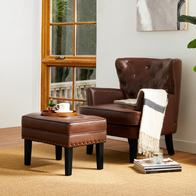 Ensemble de fauteuil et repose-pieds en cuir Vegan, Similicuir brun