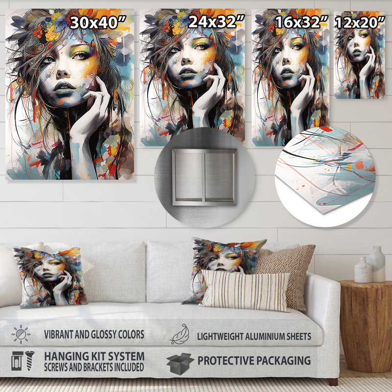 Automne, portrait de femme floral II - mode, art mural en métal, H 32 po x l 24 po x P 1 po