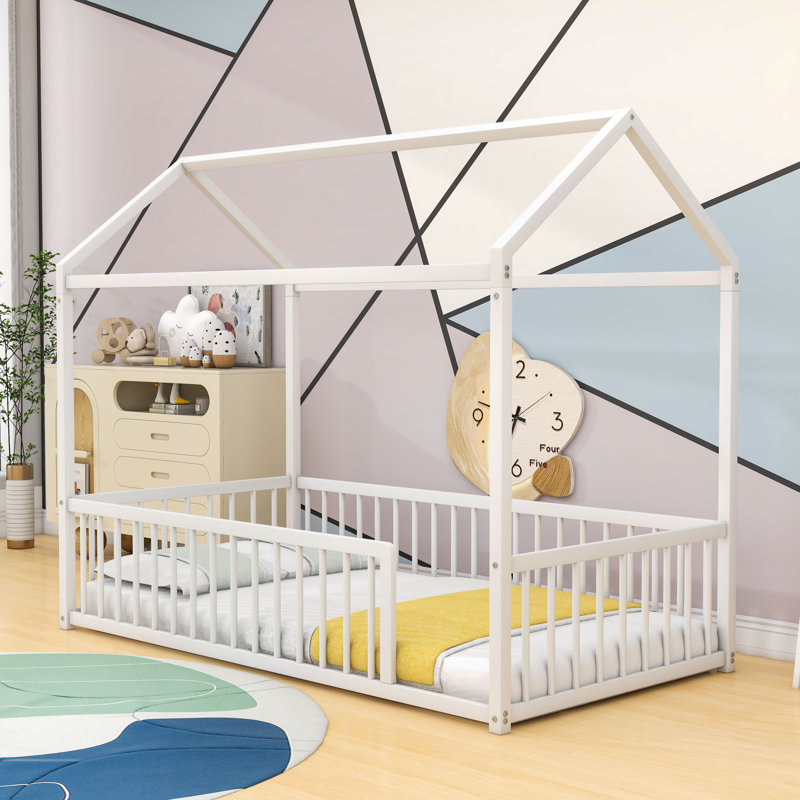 Structure de lit en métal avec clôture de sécurité Montessori, Simple, Blanc