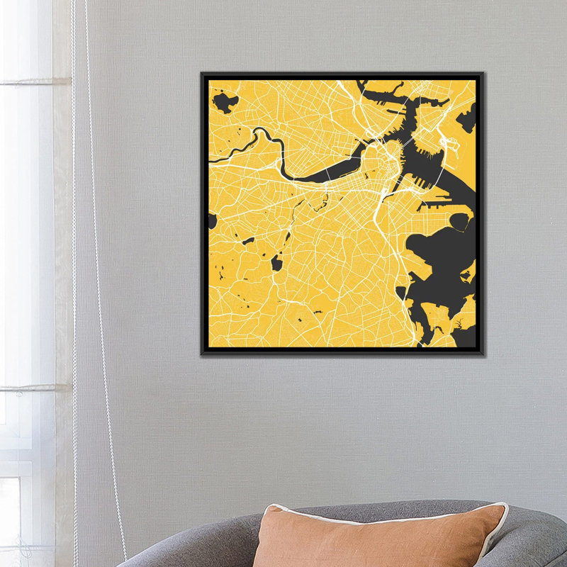 «Boston Urban Roadway Map» par Urbanraph, impression sur toile, H 26 po x l 26 po x P 1,5 po, Toile avec cadre noir