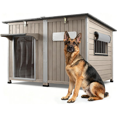 Wooden Dog House, Dog Kennel with Anti-Chewing Iron Frames for Medium to Large Dog, Gray