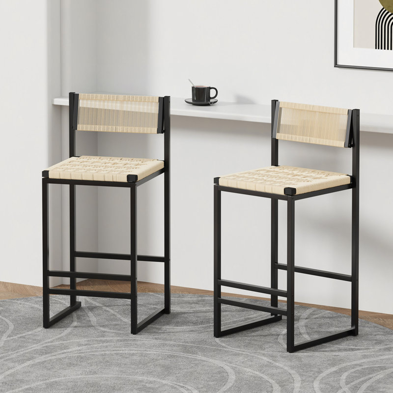 Ensemble de 2 tabourets de bar tissés avec dossier en corde de papier tissé pour îlot de cuisine, Blanc crémeux