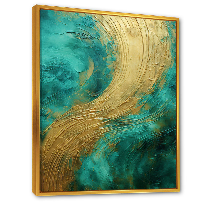 «Gold Teal Oceans Alchemy Spiral IV», reproduction d'art sur toile, H 20 po x l 12 po x P 1 po, Cadre flottant noir