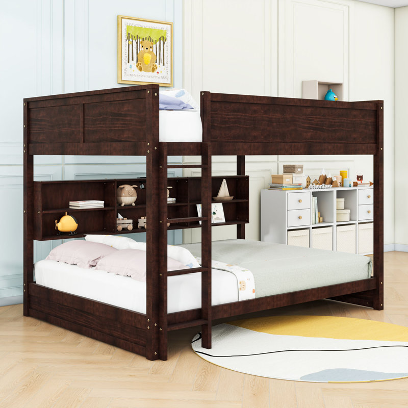 Queen Over Queen Bunk Bed With Storage Cabinets And USB, Brown