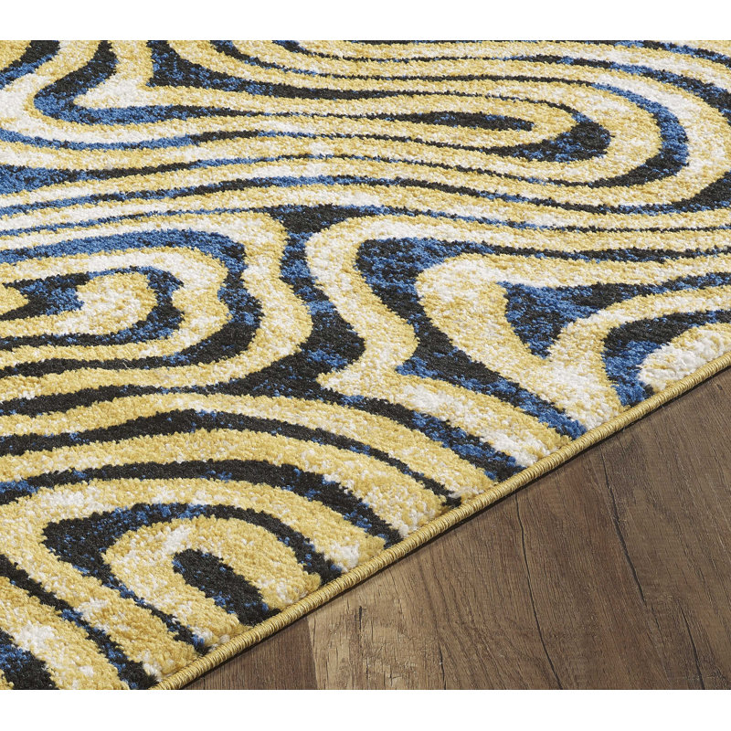 Jaune abstrait/Tapis décoratif noir, Rectangle 8 pi x 10 pi
