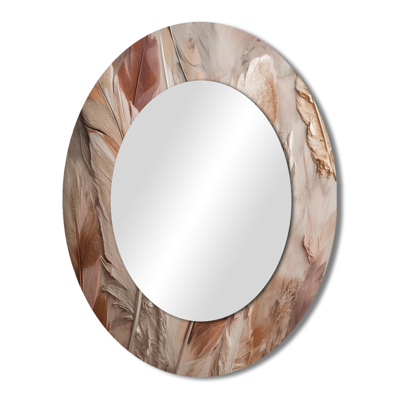 Gold Glamorous Feathers Of Boho Fantasy V - Glam Oval Wall Mirror, 43" x 33"