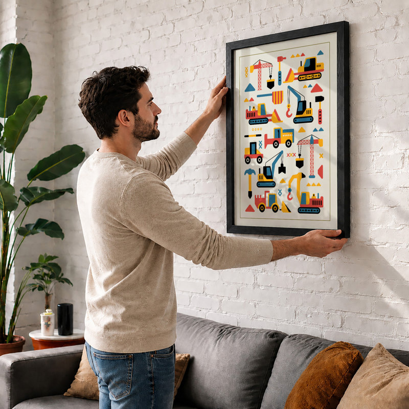 Construction Fleet Geometric - Framed Print, A2 - 59.4 x 42.0 cm, Oak