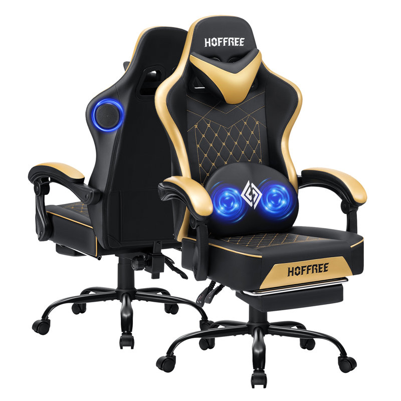 Fauteuil inclinable et ergonomique en similicuir avec haut-parleurs Bluetooth, Or/noir
