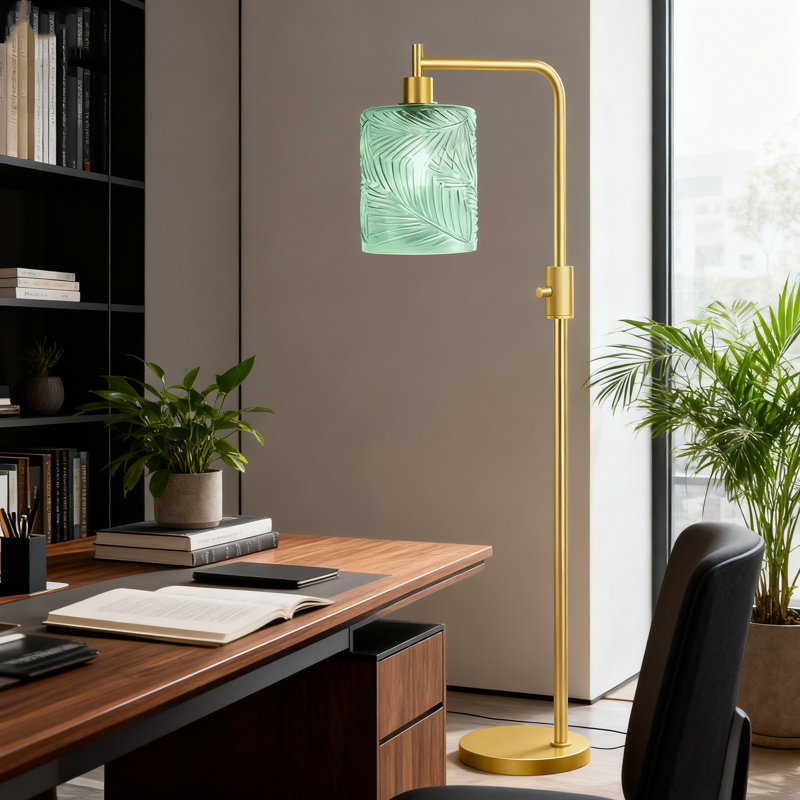 Dimmable Glass Floor Lamp With Feather Shade, Modern Arc Standing Lamp For Living Room, Bedroom & Office, 2700K LED Bulb Included, Adjustable Brightness, Weighted Base