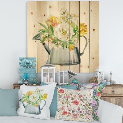 Roses Peonies & Marigolds In Garden Watering Can - Farmhouse Print On Natural Pine Wood -  East Urban Home, CD7FB7DEF255471FA274656AAFCBDA8B