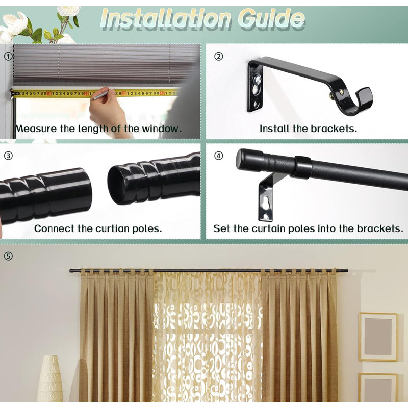 Curtain Poles 76-116 Cm For Windows, Curtain Pole Set With Brackets, Matte Black
