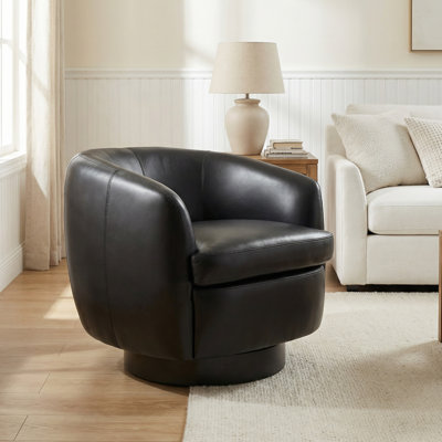 Upholstered Black Faux Leather Swivel Barrel Chair Recessed Arms With Solid Wood Base