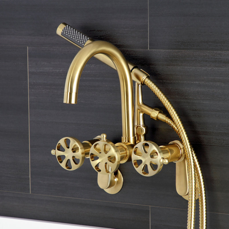 Kingston Brass Belknap Three-Handle 2-Hole Tub Wall Mount Clawfoot Tub Faucet with Hand Shower, Brushed Brass