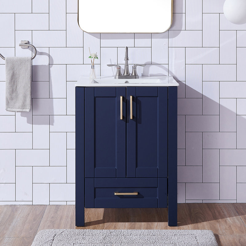 24" Modern Free-Standing Single Bathroom Vanity With Ceramic Top, Blue