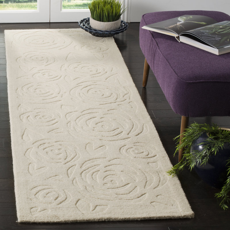 Block Rose Floral Handmade Tufted Wool Beige Area Rug, Runner 2'3" x 8'