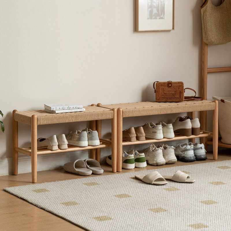 Solid Oak Assembled Shoe Bench with Shelf, 80cm, Oak Wood