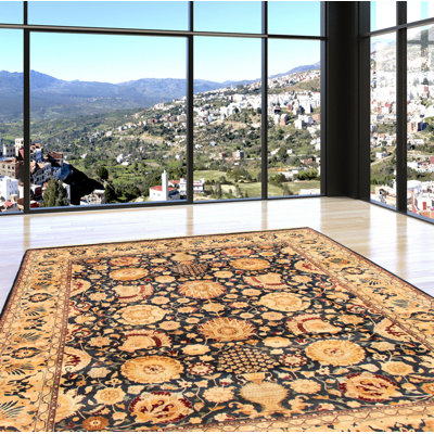 Tapis décoratif en laine noué à la main de conception unique en laine 18/20 bleu marine 8 pi x 9 pi 10 po noué à la main new age paki