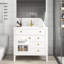 Meuble-lavabo blanc de 35,6 po de style Mid-Century avec verre antique, éclairage activé par le mouvement et beaucoup d'espace de rangement-130048061