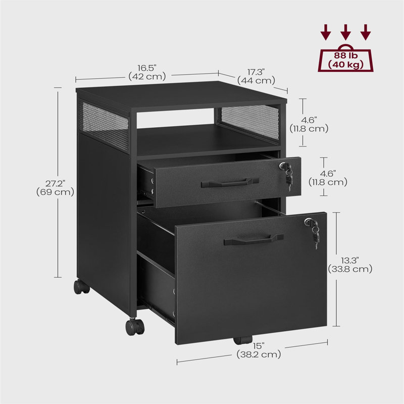 42cm Wide 2 -Drawer Mobile File Cabinet, Black
