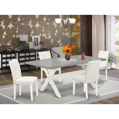 5 Piece Dining Room Furniture Set Includes a Rectangle Dining Table with X-Legs and 4 White Faux Leather Upholstered Chairs, Wire Brushed Linen White 