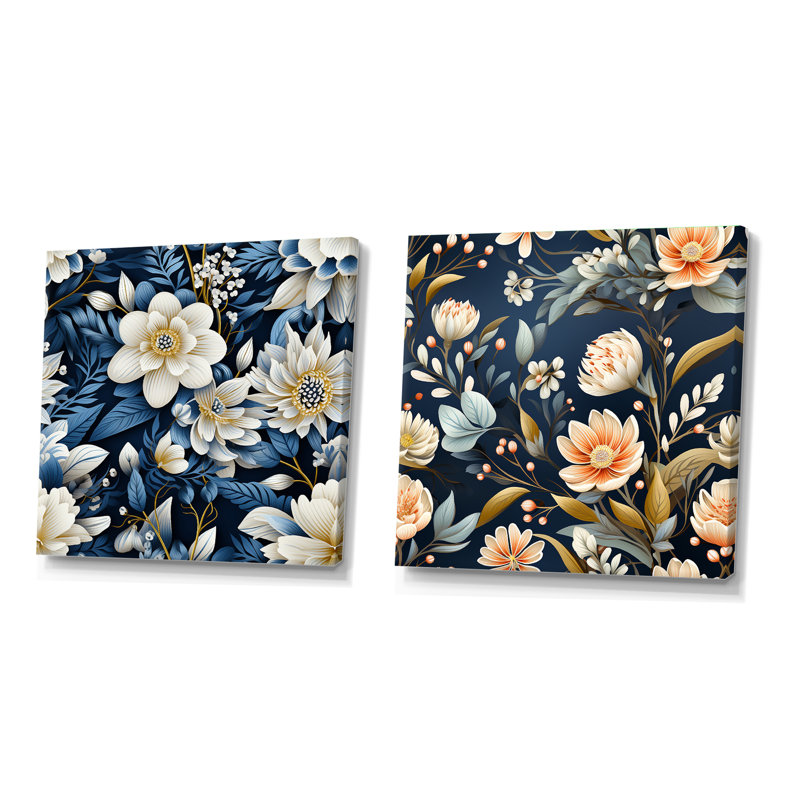 Motif floral blanc et bleu Magnolias, Toile tendue, H 16 po x l 33 po