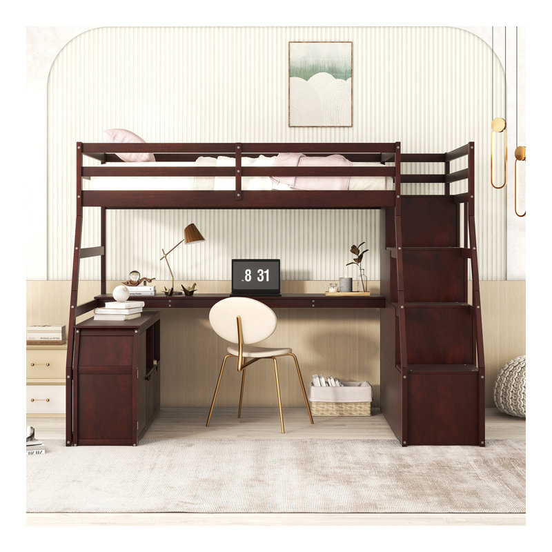 Lit mezzanine simple avec 7 tiroirs, 2 tablettes et bureau - Espresso, Lit simple, Espresso