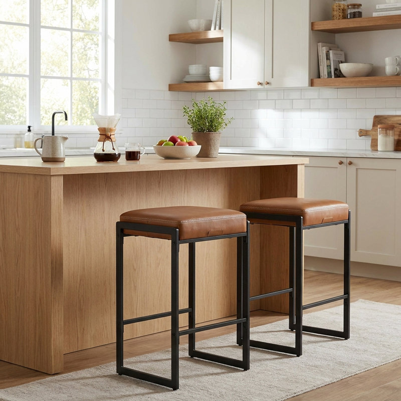 Counter Height Bar Stools, Synthetic Leather with Stitching, Brown